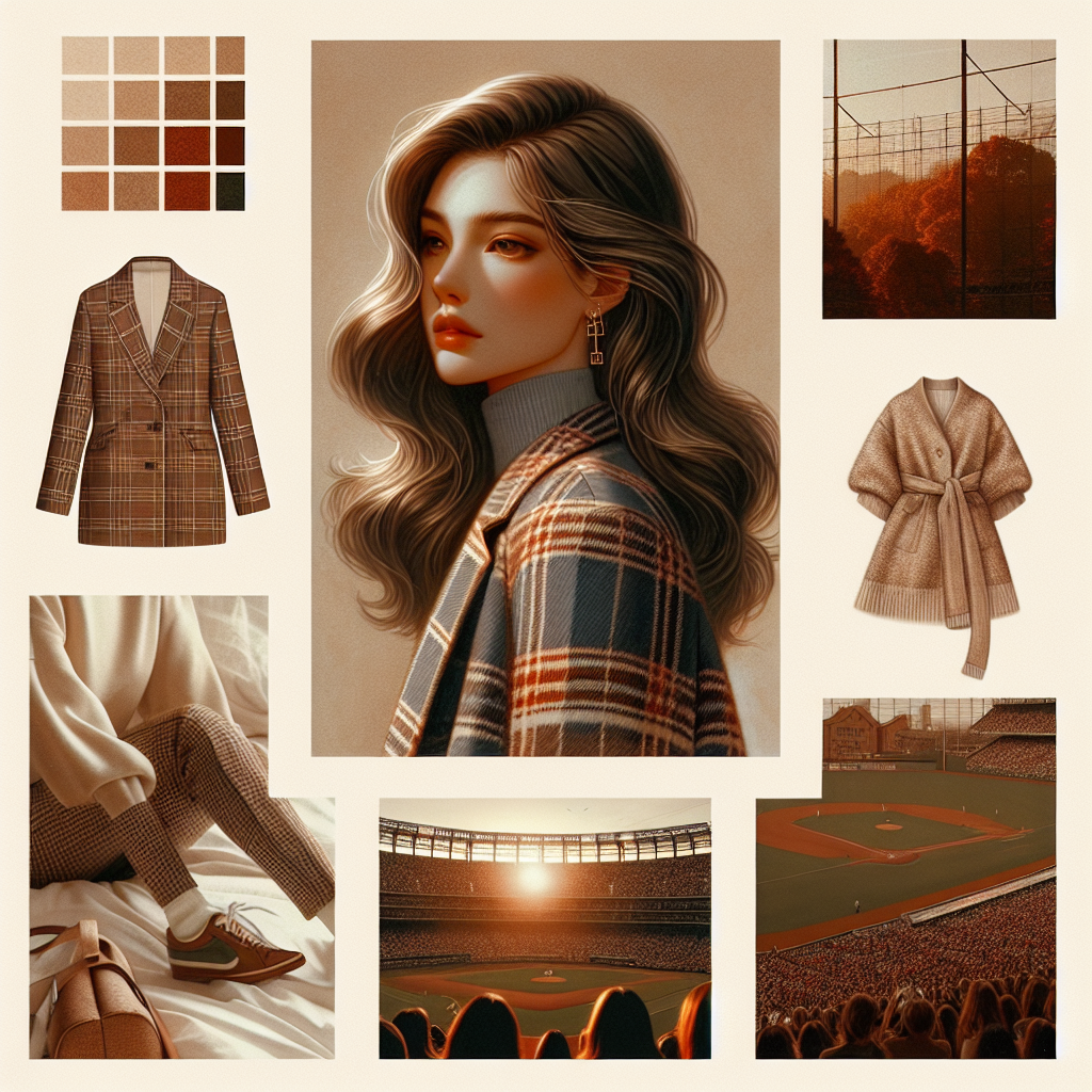 Tasteful editorial collage (no direct celebrity likeness): K-pop-inspired beauty and fashion. Focus on soft straight eyebrows vs gentle arch, layered wavy hair with autumn light, a tailored check blazer juxtaposed with an artsy textured scarf, and a minimalist airport look highlighting a cinched waist check shirt. Include a baseball stadium moment vignette (first pitch) in the background bokeh. Warm, cinematic, high-detail, magazine quality.
