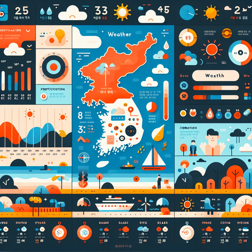 현대적 플랫 인포그래픽: 베트남어 'thời tiết'를 중심으로 한국·베트남 지도, 시간대별 강수와 바람(순간풍속) 아이콘, 주말 해변 장면, 폭염 휴식(그늘막·수분·냉풍기) 시각화. 따뜻한 색감, 깨끗한 UI, 모바일 블로그 헤더용 와이드 비율.
