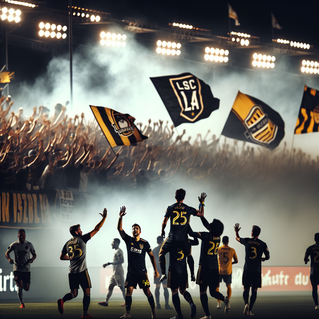 야간의 MLS 원정 경기 분위기, 세인트루이스 시티 SC와 la fc의 맞대결. 금검(블랙&골드) 색의 la fc 서포터가 배너와 머플러를 흔들고, 손흥민과 부앙가가 하이파이브하며 골 세리머니를 하는 순간. 경기장 플러드라이트, 응원 연기, 역동적 스프린트, 시네마틱 조명, 85mm 망원 스포츠 사진 스타일, 8K, 자연스러운 피부 톤, 현장감 넘치는 디테일.