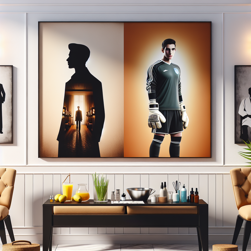 두 명의 ‘김영광’을 상징하는 비교형 일러스트: 왼쪽은 영화·드라마 포스터 분위기의 남성 실루엣, 오른쪽은 축구 골키퍼 장갑과 유니폼을 착용한 실루엣. 중앙에는 청담동 고급 피부과 대기실의 세련된 인테리어, 하단에는 레몬즙과 요리 재료 소품. 따뜻한 자연광, 잡지 화보 스타일, 고해상도, 과도한 로고나 텍스트 없이 깔끔하게.