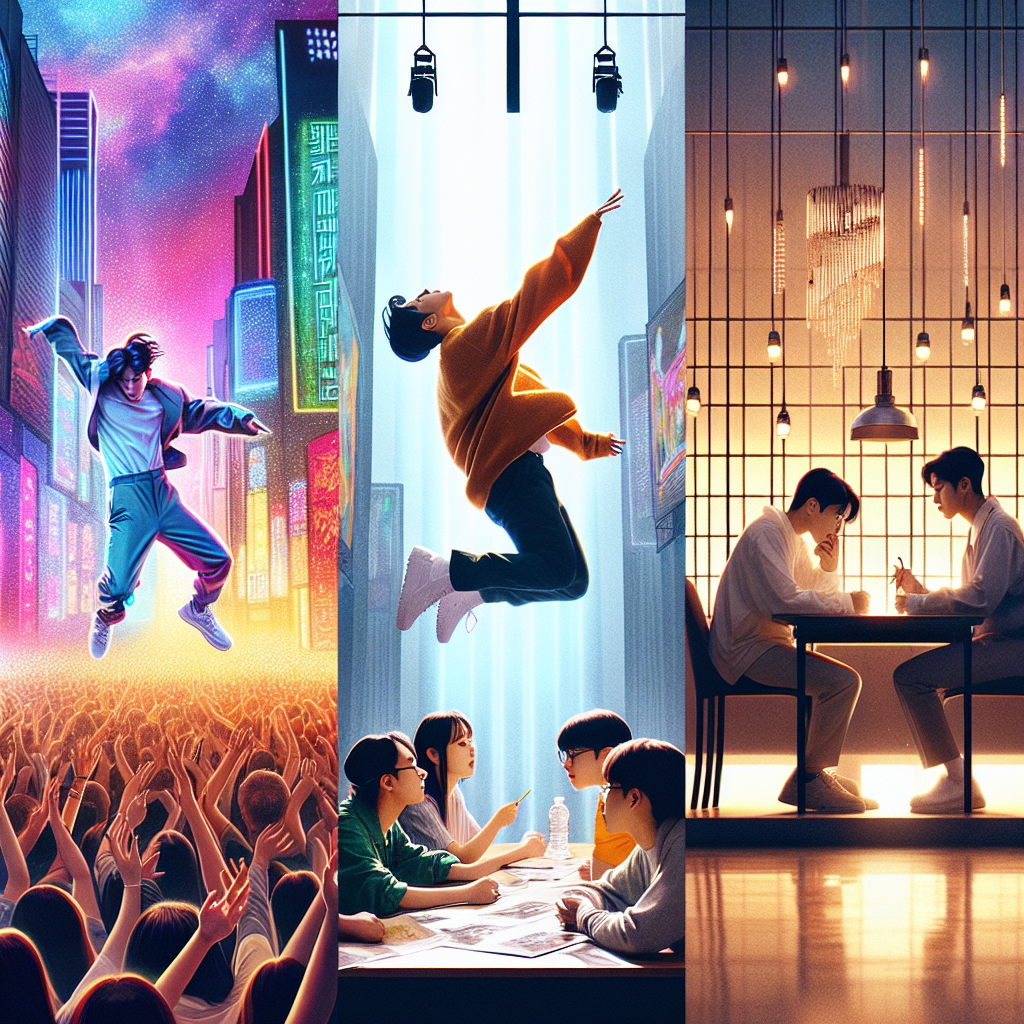 A stylish editorial collage featuring a dynamic K-pop soloist on stage (energetic lighting, mid-jump pose), a cozy fanmeeting moment in a modern theater hall, and a dramatic TV scene hinting at dual roles; vibrant yet clean color palette, magazine-style layout, Korean pop culture vibe.