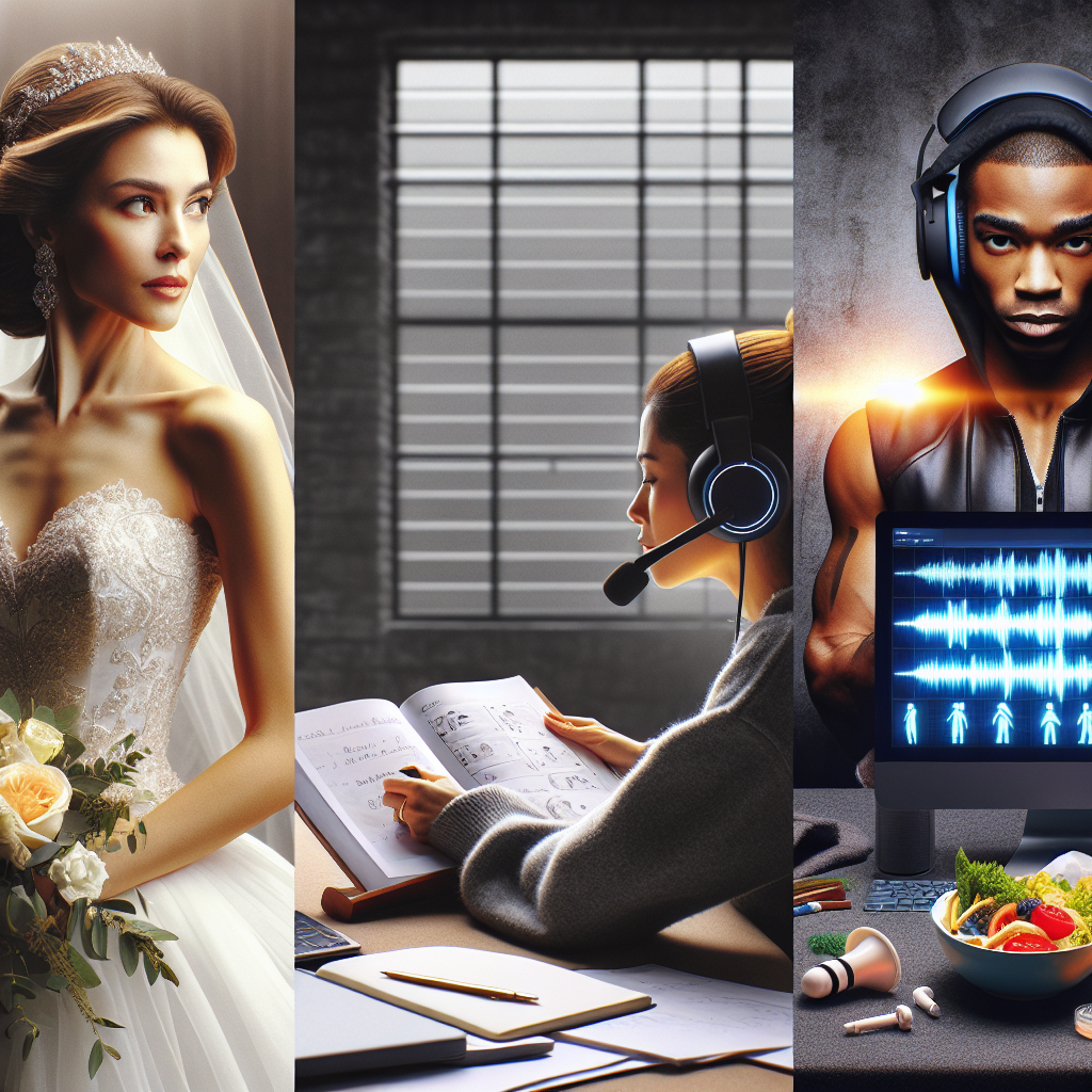 A stylish triptych collage: 1) A bride with a natural, refined