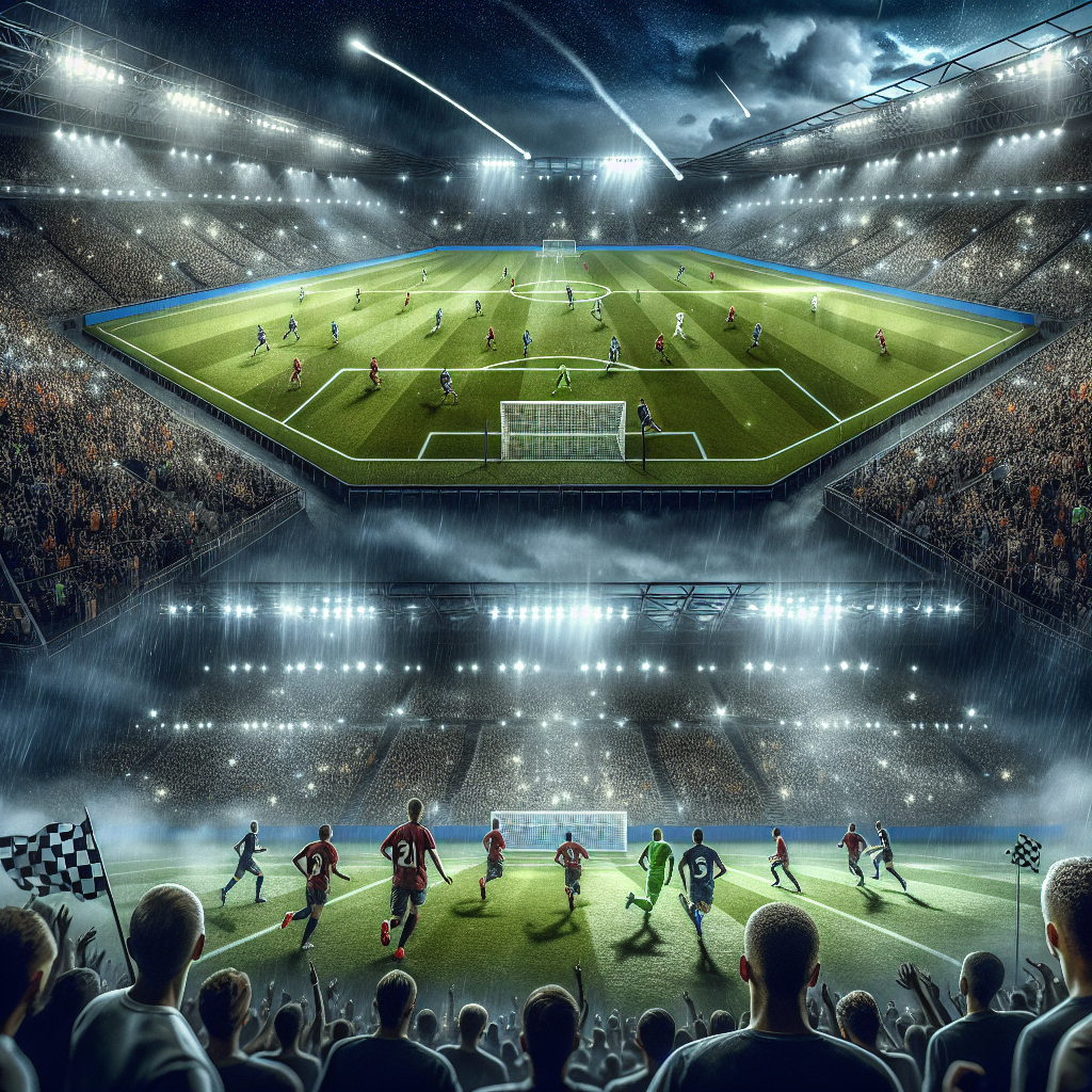 High-detail editorial illustration of a Barcelona vs Real Sociedad night match at Reale Arena: intense high press versus possession play, wide-angle stadium view with vibrant crowd, rain-slick pitch, dynamic motion blur, tactical arrows subtly overlaid, neutral kits without logos, cinematic lighting.