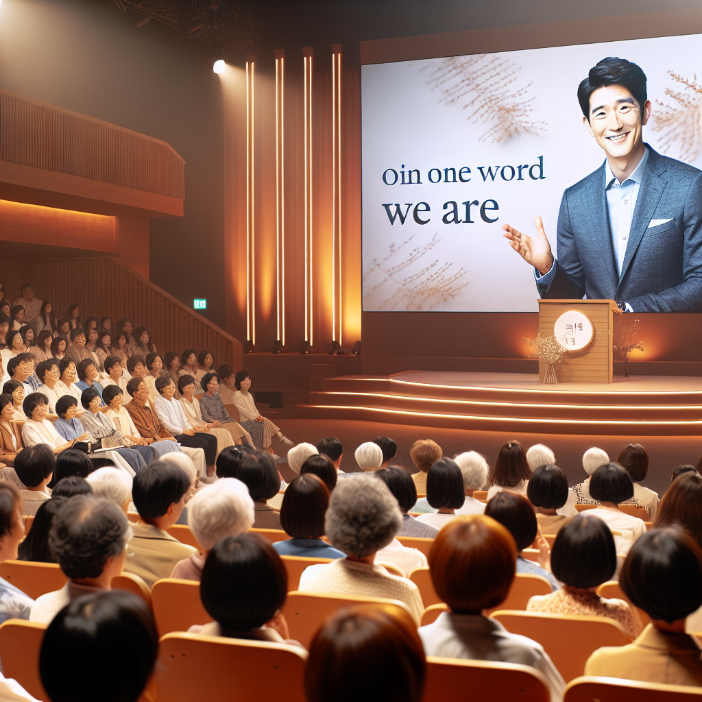 따뜻한 조명 아래 한국의 강연 무대에서 방송인 이금희가 미소로 관객과 소통하며 강연하는 장면. 다양한 연령의 청중이 집중하여 메모하고 고개를 끄덕인다. 배너에는 ‘한마디 말로 우리는’ 같은 문구가 은은히 보인다. 자연스러운 한국식 강당, 부드러운 톤, 고품질 다큐 촬영 스타일.