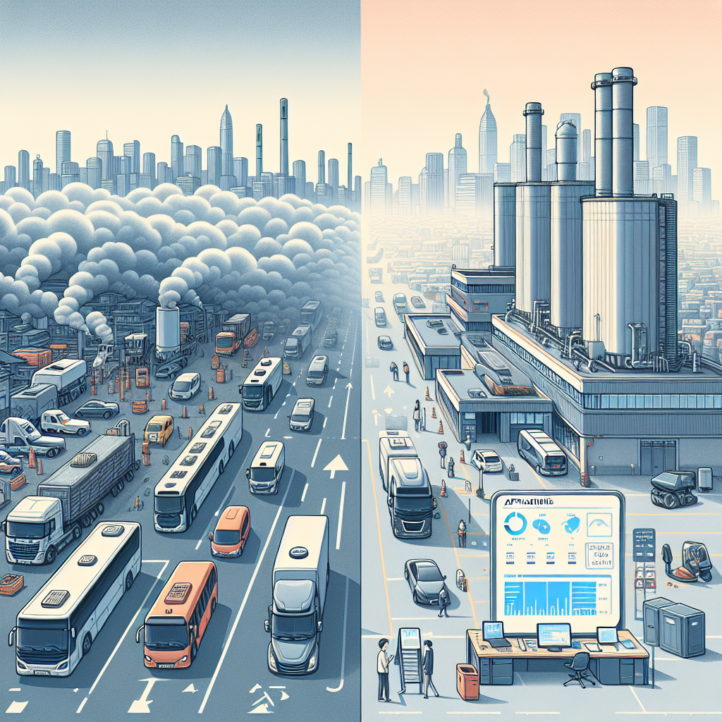 A modern, informative editorial illustration: split scene of a Korean city with hazy smog transitioning to clear blue skies. Left side shows old diesel cars being scrapped at an authorized yard and a city skyline under pollution; right side shows an electric bus, pedestrians wearing fewer masks, and a small factory with upgraded emission control units and IoT sensors displaying NOx/PM data on a dashboard screen. Include signboards of a municipal office for application, stacks of documents being submitted online (laptop/phone), and visual icons for pros/cons, budget limits, and a checklist. Clean, vector style, balanced colors, high detail.