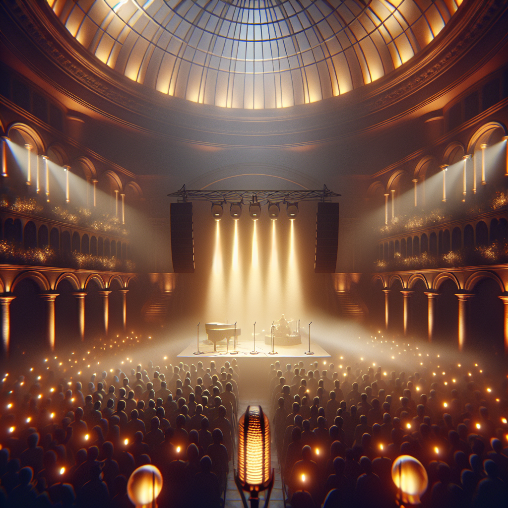 A warmly lit, large indoor concert venue (dome-like), central stage with elegant minimal set, four vintage-style microphones on stands, subtle haze, golden spotlights, audience holding light sticks, mood of soulful R&B harmony, cinematic, high-resolution, cozy winter concert vibe.