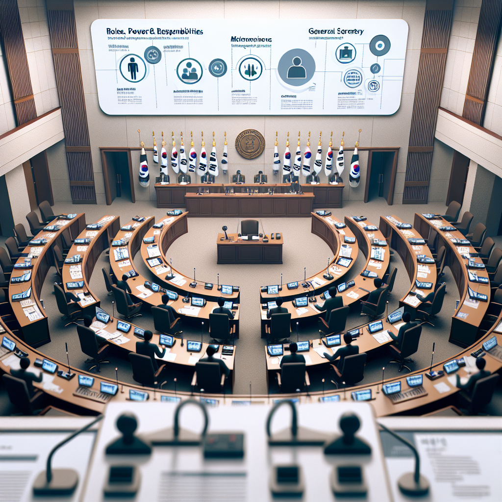 대한민국 국회 국정감사 청문회 현장, 중립적 다큐멘터리 스타일, 회의실 전경과 마이크, 이름표, 속기사가 보이는 구도. 화면 상단에는 ‘총무비서관 역할·권한·책임’ 인포그래픽 요소가 간결한 아이콘으로 겹쳐진 구성. 차분한 조명, 과장 없는 색감, 정보 중심 레이아웃.