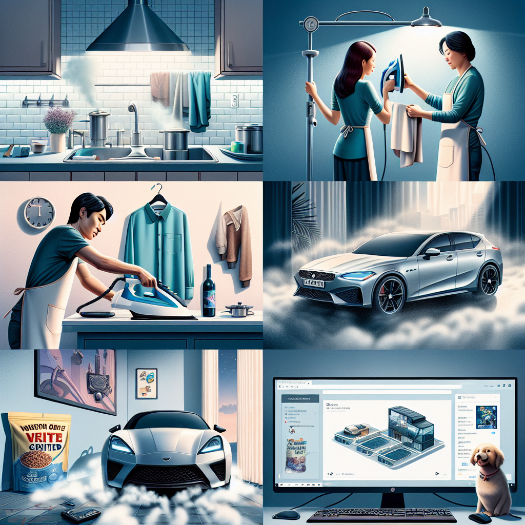 Editorial split-image collage illustrating multiple meanings of '스팀': 1) A professional using a steam cleaner on kitchen tile grout in a modern Korean apartment, 2) a sleek handheld steam iron removing wrinkles from a hanging shirt, 3) a car receiving a careful steam wash in a shaded bay, mist visible, 4) a dog bowl and two pet food bags labeled 'Air-dried' and 'Steam-dried', 5) a desktop monitor showing the Steam (Valve) game store interface. Clean, bright lighting, neutral tones with pops of blue, magazine-style composition, high detail, 16:9.