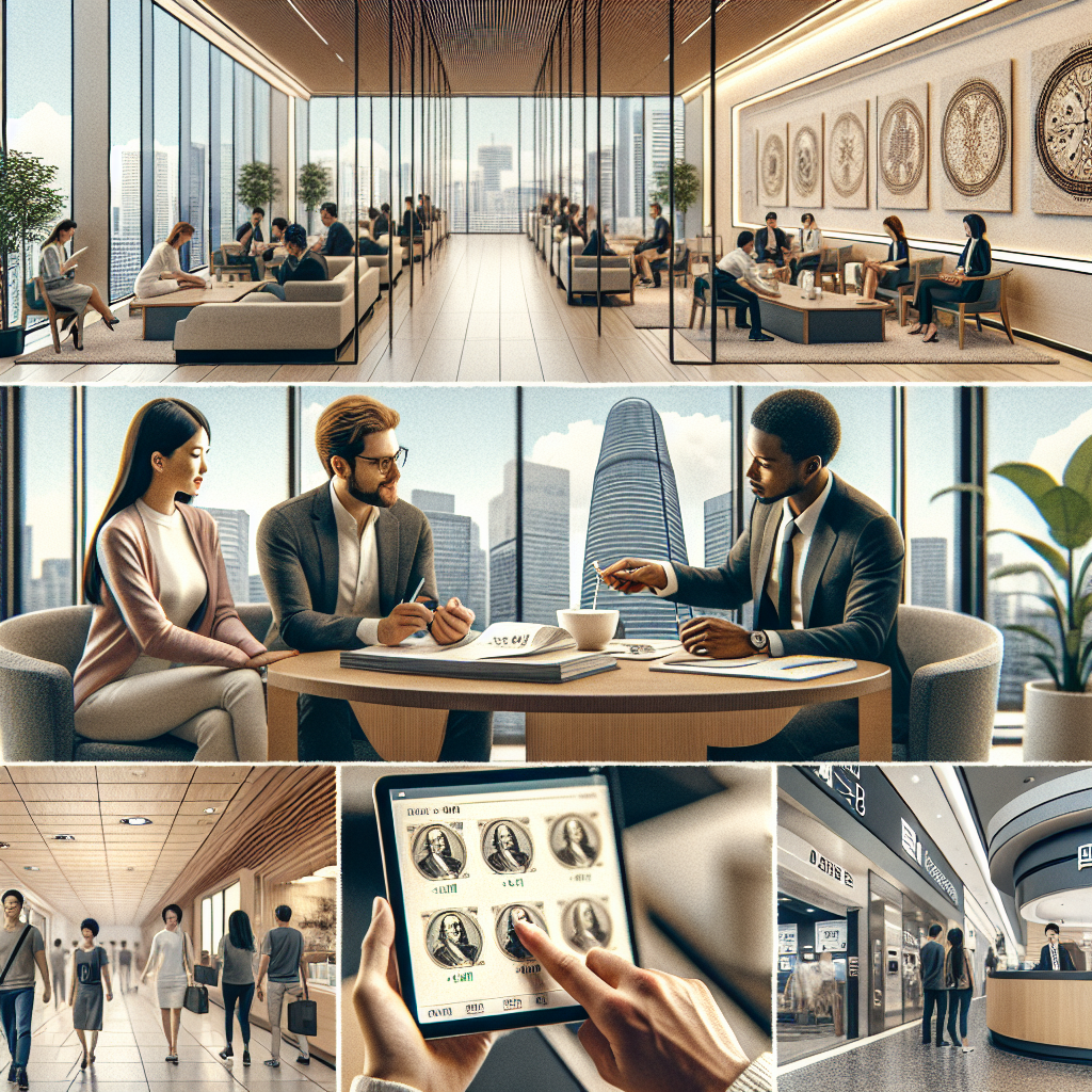 A cohesive editorial collage of BNK Busan Bank experiences: a modern Korean bank branch interior with customers, a young couple discussing a savings plan with a banker, a renter consulting about a jeonse (rental deposit) loan, a job applicant practicing interview presentation with a tablet, and a traveler exchanging Japanese Yen at a Gimhae Airport counter. Include a smartphone displaying a sleek mobile banking app UI. Warm natural lighting, realistic, 4K, high detail, professional, inviting.