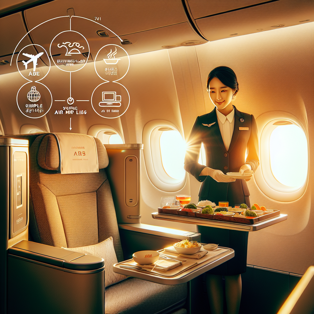 아시아나항공 A380 2층 비즈니스석 객실 전경, 창가 좌석과 따뜻한 자연광, 한국인 승무원이 기내식을 서빙, 트레이에 정갈한 메뉴, 마일리지 사용 팁을 암시하는 심플한 인포그래픽 요소, 고급스러운 여행 블로그 분위기, 깨끗하고 선명한 사진