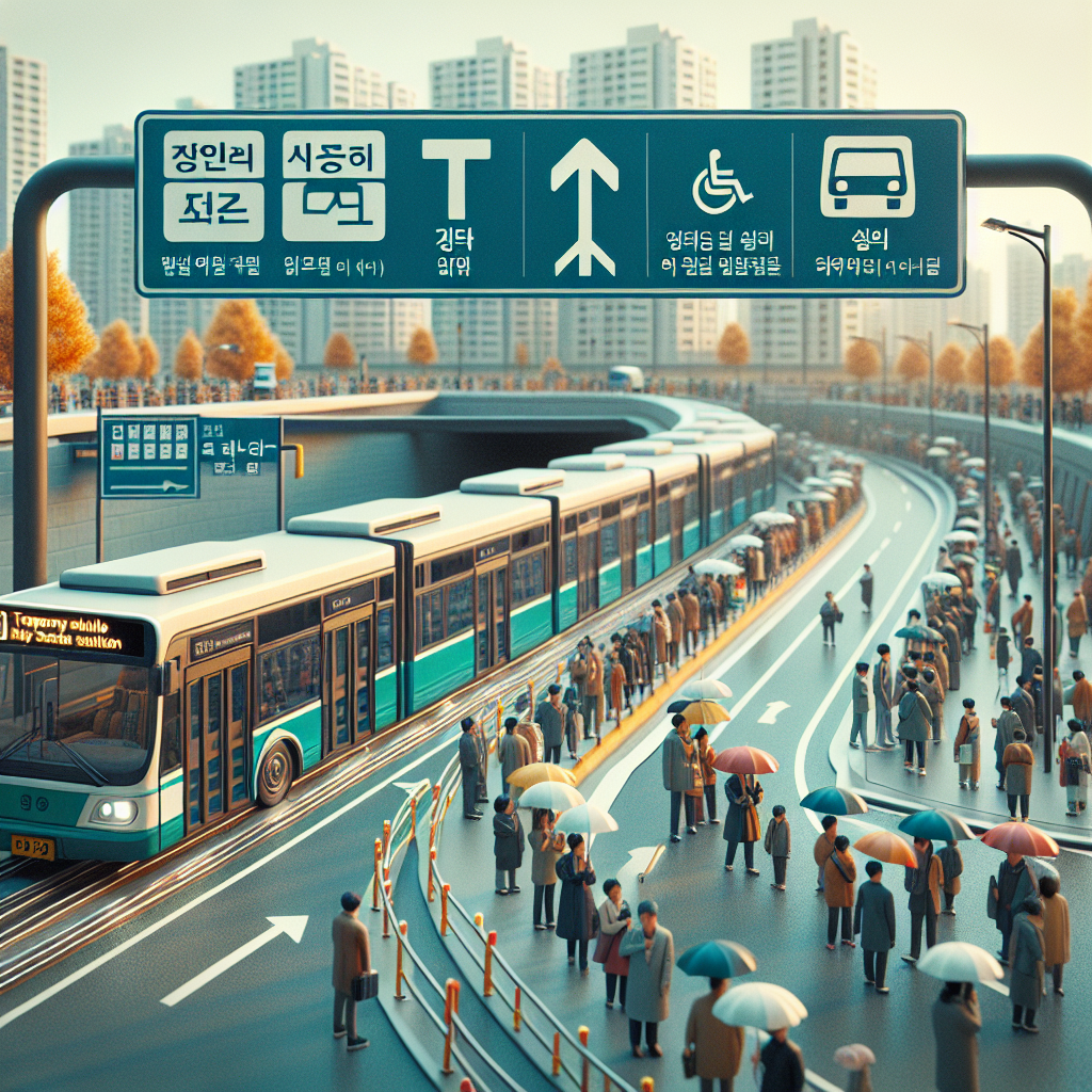가을 아침, 경기도의 혼잡한 버스 정류장 풍경. ‘임시 셔틀 운행 안내’ 표지판, 지하철 입구, 우산 든 시민들, 긴 대기열. 지도 형식의 간단한 노선 아이콘이 배경에 겹쳐 보이고, 한국어 표지판과 도시 건물 스카이라인이 보이는 현실적인 다큐멘터리 사진. 고해상도, 자연광, 사실적 질감.