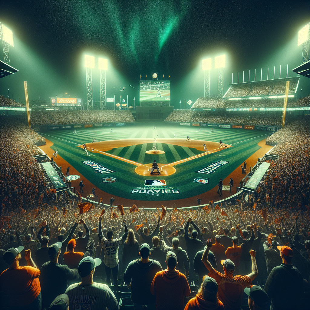 Night playoff baseball in 2025 MLB postseason: packed stadium under bright lights, roaring crowd with rally towels, pitcher vs batter moment at the mound, dynamic motion blur, vivid emerald grass, cool autumn air, no team logos or trademarks, cinematic, high-contrast sports photography, warm night color grading