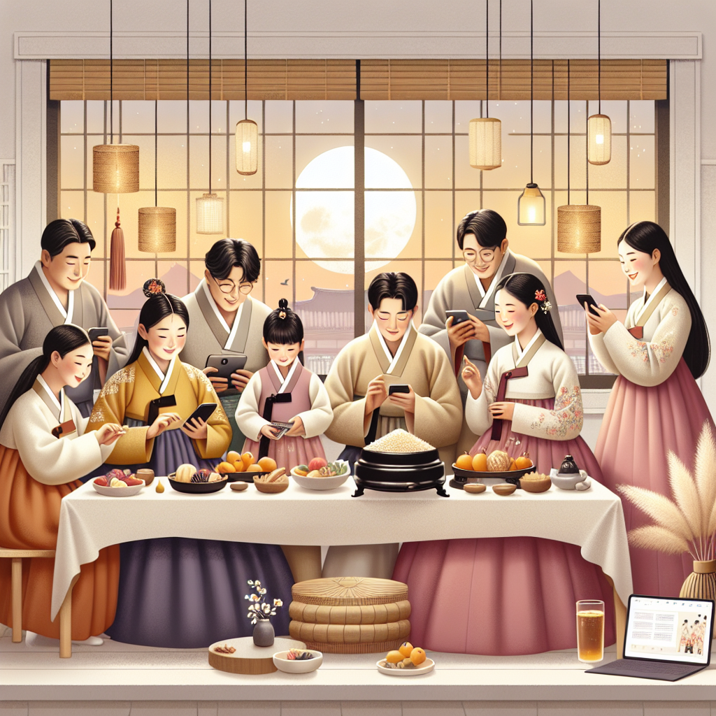 A warm 2025 Chuseok scene in soft evening light: a multigenerational Korean family in modern hanbok gathered around a low table with songpyeon and fruits. Some members are sending thoughtful greetings on smartphones; a laptop on the side shows an elegant e-card design. A full harvest moon visible through a window with pampas grass and lanterns. Clean, editorial style, natural colors, gentle smiles, ample negative space for text overlay.