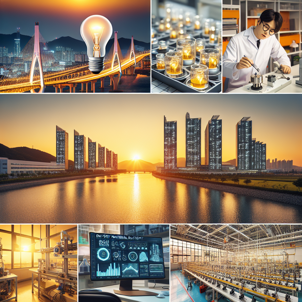 황금빛 노을의 한강을 배경으로 선명한 라인의 '포스코 더샵' 아파트 스카이라인, 실내에서는 배터리 소재 연구원들이 전구체 샘플을 분석하는 연구실, 공장 한편에는 포스코DX가 구축한 스마트 팩토리 대시보드와 초정밀 센서 네트워크, 멕시코 현지 학교의 밝은 교실에서 학생들이 최신 기자재로 실습하는 장면까지 한 프레임에 자연스럽게 이어지는 콜라주. 고해상도, 따뜻한 전문적인 분위기, 현실적인 디테일.