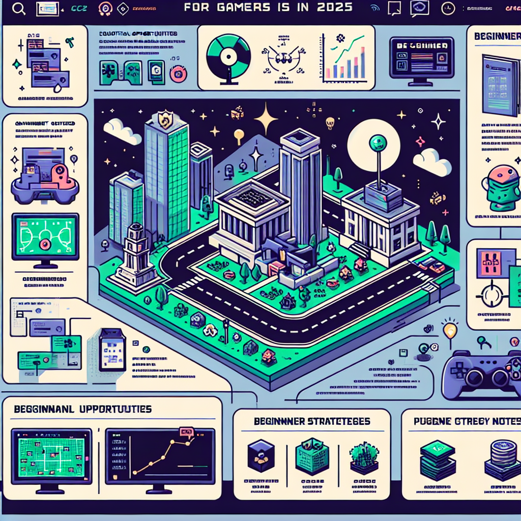 2025 한국 게이머를 위한 종합 가이드 일러스트: 게임 학습(국비지원·학원), 초보자 공략 노트, GTA 오픈월드 도시 야경, CPU 성능 모니터링 대시보드, 고전 게임 픽셀 아트 감성, 과금·환불 체크리스트가 한 화면에 펼쳐진 인포그래픽. 밝은 톤, 선명한 아이콘, PC·콘솔·모바일 디바이스가 균형 있게 배치된 현대적 디자인.