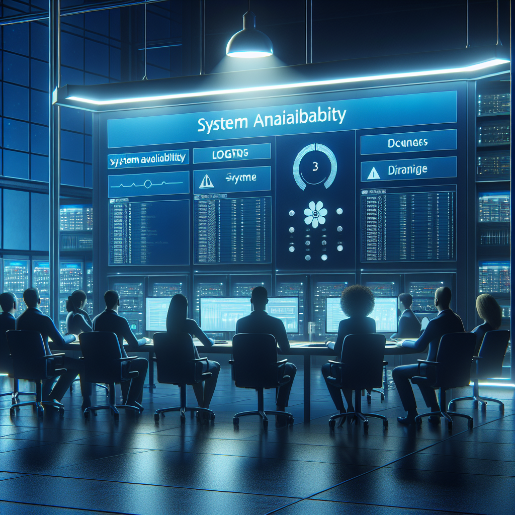 야간의 정부 데이터센터 관제실. 푸른 조명 아래 대형 모니터에 시스템 가용성 대시보드와 로그가 표시되고, 침착한 공무원들이 인시던트 대응 브리핑을 진행한다. 한국 세종청사 분위기, 공공기관 느낌, 긴박하지만 차분한 장면. 실사 풍, 높은 디테일, 로고나 텍스트 없음.