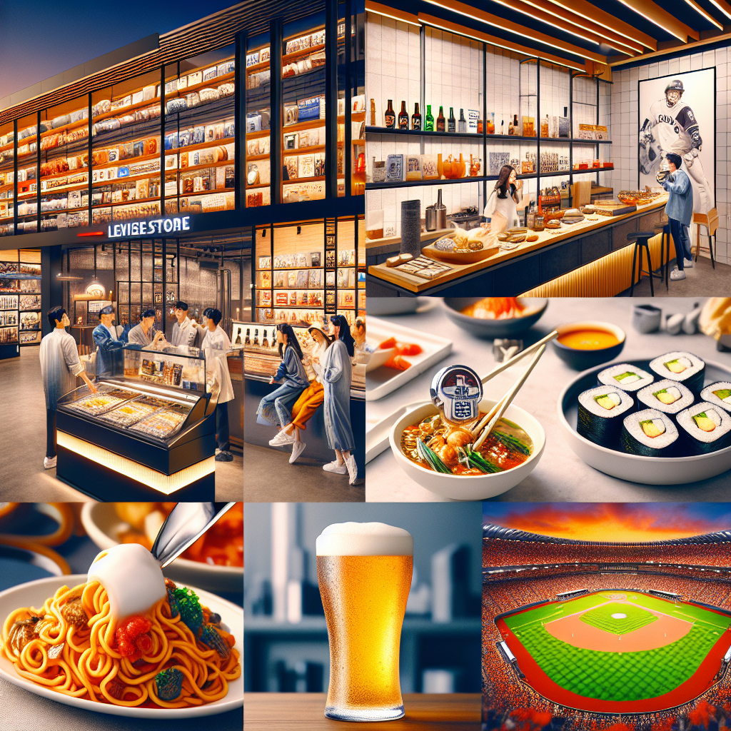 A vibrant Korean lifestyle collage featuring: a modern NC department store interior with lifestyle goods, a sushi buffet with fresh rolls and beer tap, a premium Chinese cuisine table setting with cold noodles and toppings, and a night baseball game at Changwon NC Park with cheering fans. Warm lighting, family-friendly atmosphere, clean design, Korean signage, dynamic yet cozy mood.