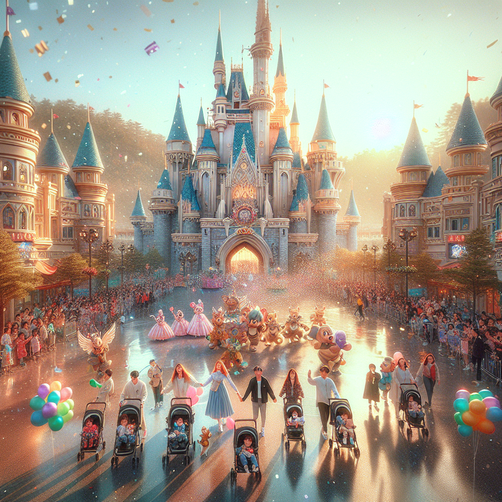 A bright, photo-realistic travel blog shot of Lotte World: the iconic Magic Castle with a colorful daytime parade, smiling families with kids in strollers, balloons, confetti, and vibrant performers. Include hints of the indoor Adventure dome in the background and subtle wet reflections suggesting light rain earlier. Warm, lively colors, natural sunlight, 35mm lens, shallow depth of field.