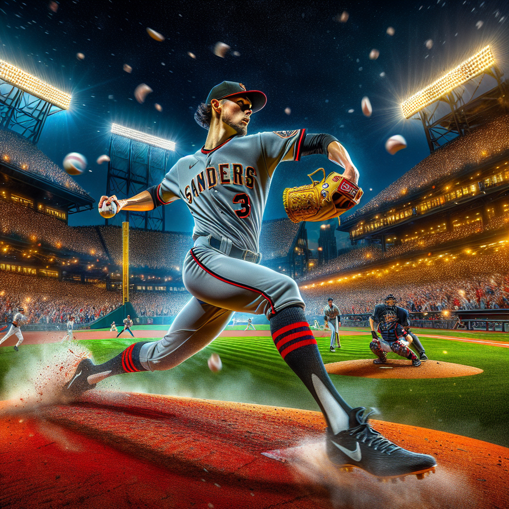 야간 조명 아래 가득 찬 야구장, SSG 랜더스 유니폼의 좌완 투수 김광현이 역동적인 피칭 폼으로 슬라이더를 던지는 순간을 초고속 셔터로 포착. 마운드의 붉은 흙먼지, 강렬한 표정, 포수의 미트가 낮은 바깥 코스를 가리키는 장면. 생생한 경기장 분위기와 입체적인 조명, 디테일한 유니폼 질감 표현.