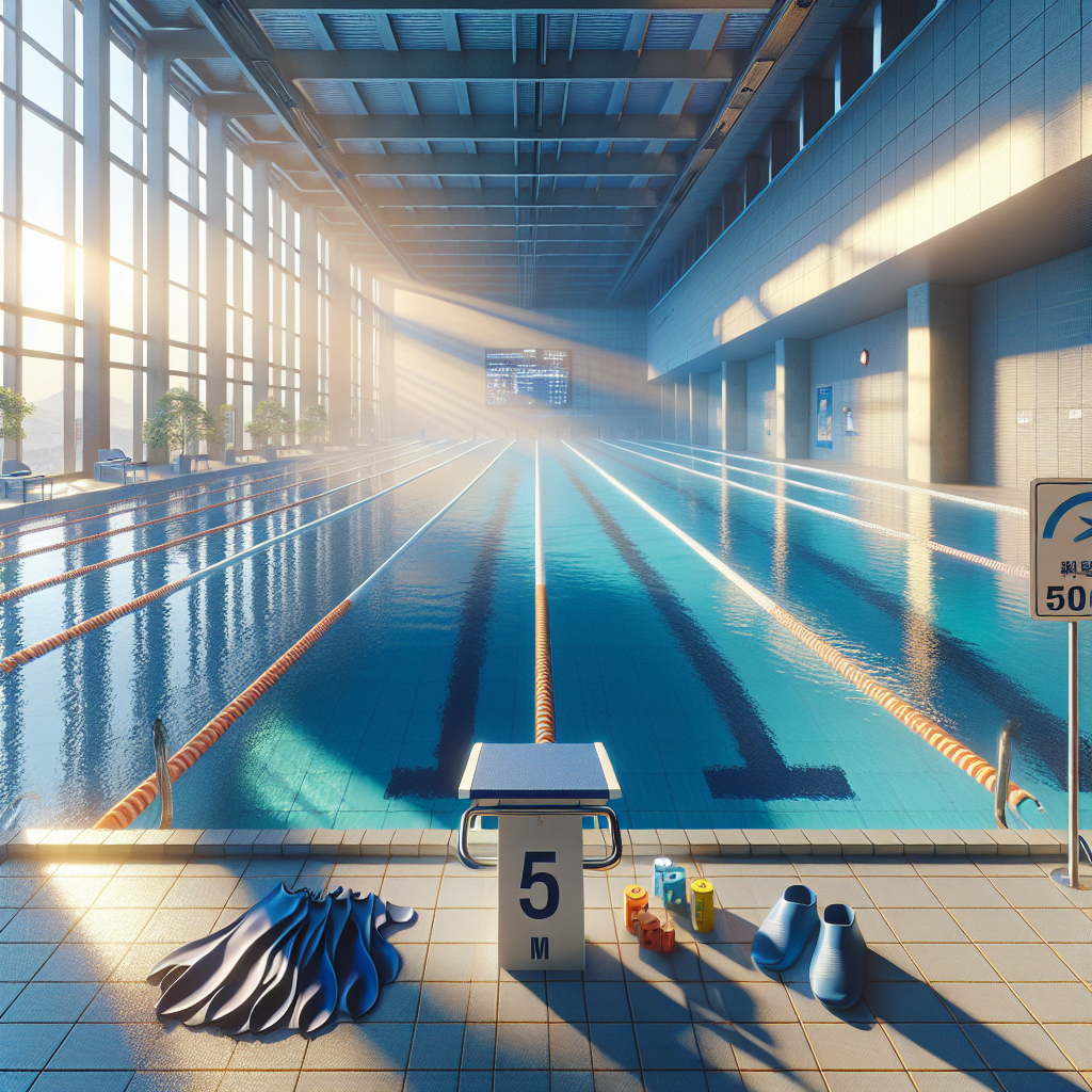 실내 50m 국제 규격 수영장(인천 문학경기장 박태환 수영장) 전경, 푸른 수면과 정갈한 레인, 아침 햇살이 유리창으로 들어오는 고요한 분위기. 한쪽엔 수모와 고글, 슬리퍼가 정돈되어 있고, 배경에는 간결한 안내 표지판. 선명한 색감, 깨끗한 조명, 사실적인 디테일.
