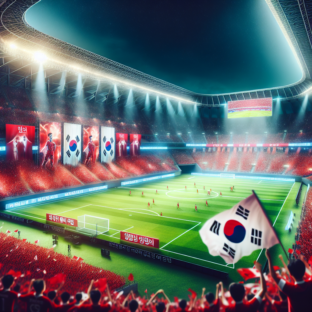 Seoul World Cup Stadium at night packed with red-clad Korea Republic fans waving Taegeuk flags, vibrant tifos, intense floodlights. On the pitch, a dynamic football scene with Korea Republic facing a South American powerhouse, emphasizing high press and quick transitions. Atmosphere: energetic, patriotic, modern sports photography.