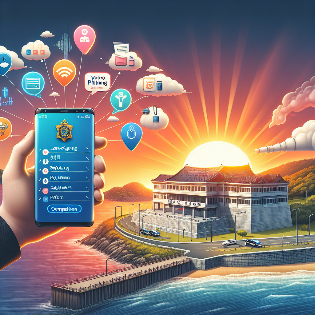 동해 해안에서 떠오르는 해돋이와 경찰청 수련원 외관, 손에 든 스마트폰에 경찰청 앱(Lost112, 안전Dream, PolCare2) 알림 화면, 보이스피싱 경고 배너와 민원서식 작성 장면을 결합한 정보형 일러스트, 따뜻한 아침 햇살, 현실감 있는 한국 2025 분위기