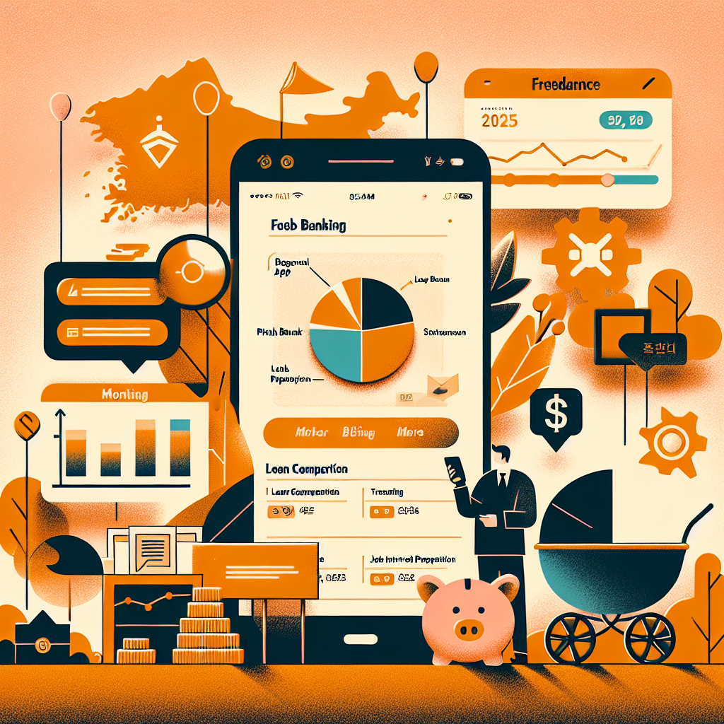 따뜻한 톤의 한국 금융 블로그 커버 이미지. 경남은행을 상징하는 지역 지도를 배경으로, 스마트폰 속 현대적인 은행 앱 화면, 대출 비교 차트 아이콘, 유모차와 저금통(Hi Baby 적금 상징), 서류를 검토하는 사람(대환·프리랜서 증빙), 면접 준비 노트를 들고 있는 지원자 실루엣. 밝고 신뢰감, 2025년 한국 트렌드, 미니멀 일러스트, 고해상도.