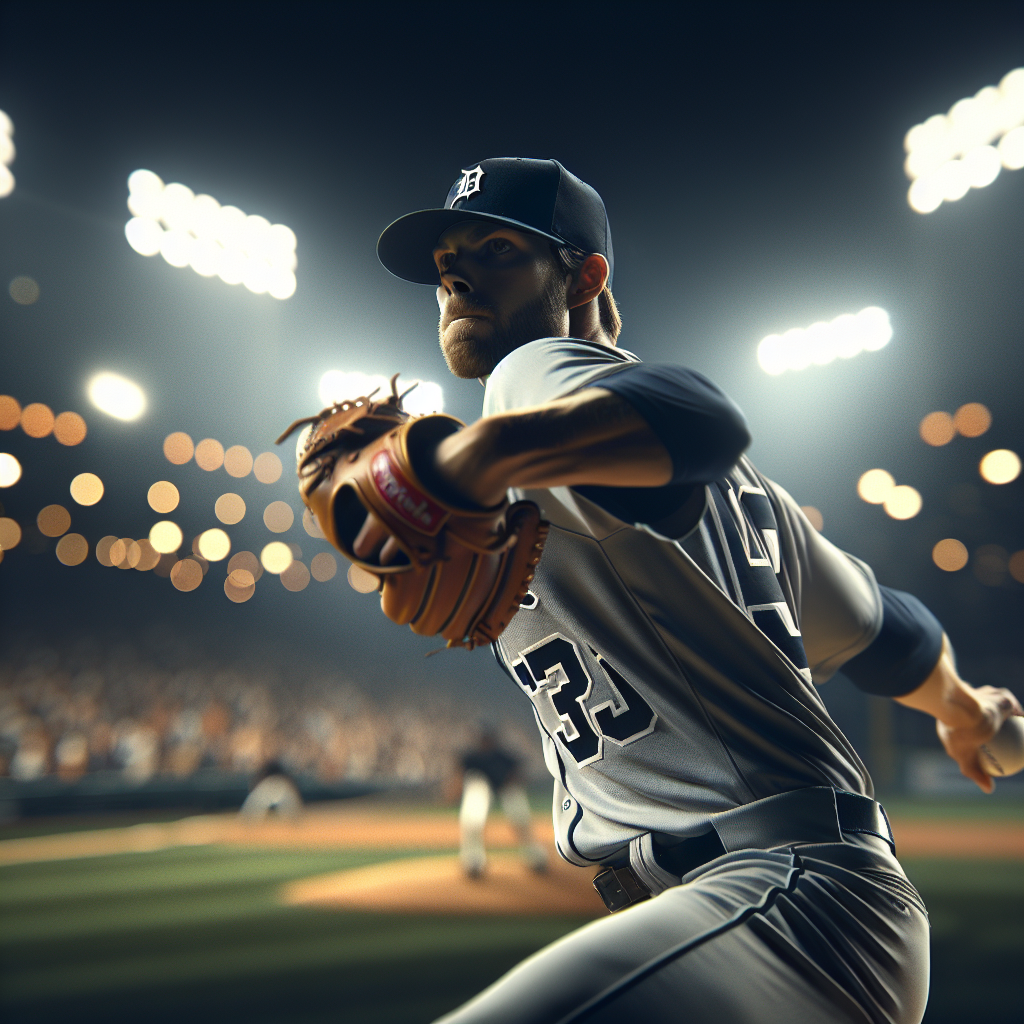 Dramatic, cinematic wide shot of a dominant left-handed baseball pitcher in a Detroit home uniform (no logos, no visible numbers), unleashing a deceptive changeup under stadium lights; focus on wrist supination and ball movement trail, crisp autumn night atmosphere, intense crowd bokeh, high shutter speed, 85mm lens look, ultra-detailed, dynamic motion