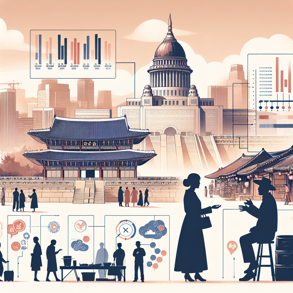 에디토리얼 일러스트: 서울 스카이라인과 국회의사당을 배경으로 시민들과 대화하는 여성 정치인 실루엣, 전통시장 풍경을 일부 배치, 정보그래픽 요소(타임라인, 체크리스트 아이콘) 포함, 중립적 색감, 고해상도