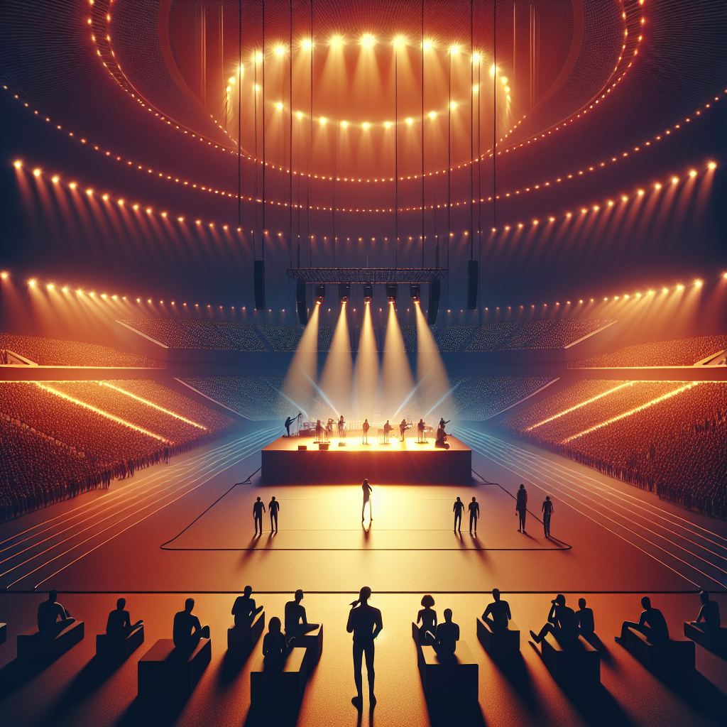 대형 실내체육관 메인 스테이지, 자몽색과 살구빛 조명이 그라데이션으로 번지는 분위기, 중앙에 싱어송라이터와 연주자들이 조명 아래 서 있고 관객은 실루엣으로 표현. 빛과 시간의 모티프를 담은 세련된 무대 디자인, 따뜻하고 몰입형 공연 느낌, 초현실적이기보다 현실적인 포스터 스타일, 고해상도, 3:2 비율.