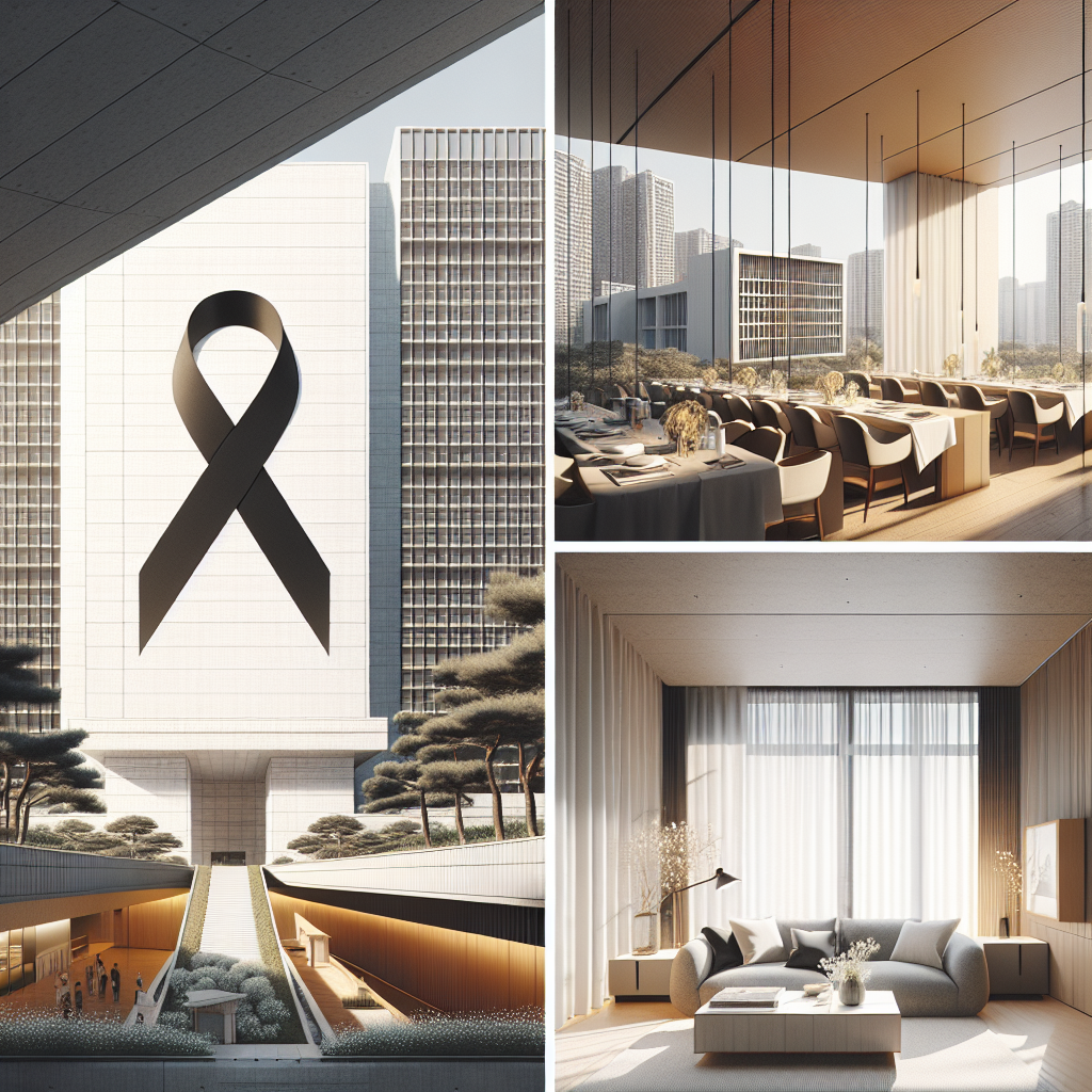 한국 2025 현재성을 담은 편집 일러스트: 국회의사당 전경과 검은 리본(추모의 상징), 서울 용산 고급 주상복합 아파트 외관과 월세 계약서, 현대 아파트 거실에서 커튼·블라인드 시공 장면. 인물 얼굴은 등장하지 않음, 중립적·차분한 분위기, 자연광, 고해상도, 색감은 따뜻한 뉴트럴 톤.