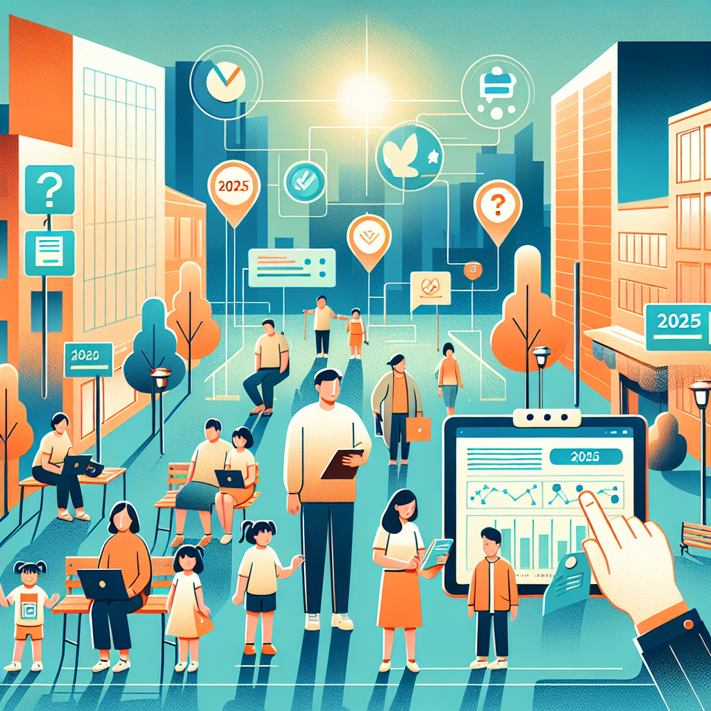 따뜻한 톤의 한국 도시 배경 위에 다양한 연령과 구성의 가족들이 노트북과 스마트폰으로 설문에 응답하고, 공인 신분증을 패용한 조사요원이 태블릿으로 안내하는 장면. 지도와 그래프 아이콘, 2025 숫자, 파란색·민트 색상의 공공기관 인포그래픽 스타일. 깨끗한 평면 일러스트, 밝은 자연광, 신뢰감과 참여 분위기.