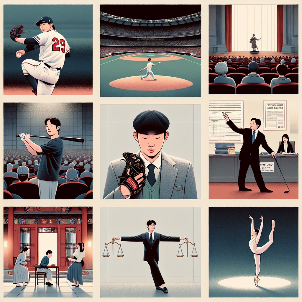 한 화면에 담은 콜라주: 삼성 라이온즈 좌완 불펜 투수가 마운드에서 투구하는 장면, KPGA 투어 골퍼가 퍼팅하는 순간, 무대 위 바리톤의 클래식 콘서트, 대학로 소극장 무대에서 연기하는 배우, 법률 서류와 저울이 놓인 상담실의 변호사, 점프 동작을 선보이는 발레리노. 깨끗한 조명, 차분한 색감, 한국 무대와 경기장의 분위기, 잡지 스타일 인포그래픽 구도.