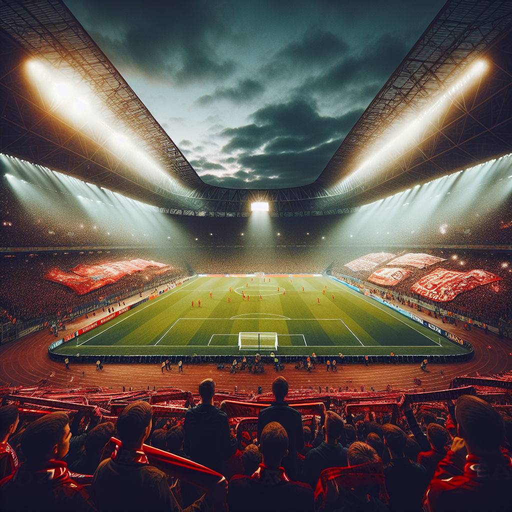 Bundesliga matchday at Allianz Arena, autumn evening, packed stadium, fans with red scarves, low sideline perspective, dramatic floodlights, vibrant atmosphere, editorial photography, high detail, 35mm, shallow depth of field