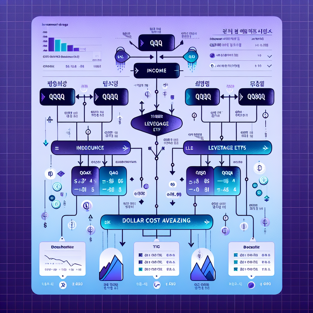 Modern Korean infographic for a finance blog header showing a decision tree for qqq choices: QQQ vs QQQM vs income (covered call) vs leverage (QLD/TQQQ) vs domestic ETFs (TIGER/KODEX). Highlight fees, dividends, volatility, and DCA suitability. Clean, minimalist design, blue-purple palette, subtle NASDAQ tech icons, vector style.