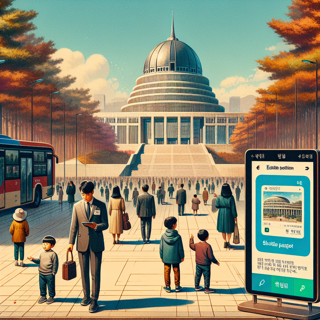 서울 여의도 국회의사당 돔 전경, 가을 햇살 아래 잔디광장에 시민과 가족들이 서 있고 아이가 손에 국회의 안내 팸플릿을 들고 있다. 한쪽에는 셔틀버스 정류장 표지, 다른 한쪽에는 태블릿 화면에 국회 전자청원 페이지가 열려 있다. 현실감 있는 다큐멘터리 사진 스타일, 선명한 디테일, 밝고 신뢰감 있는 톤.