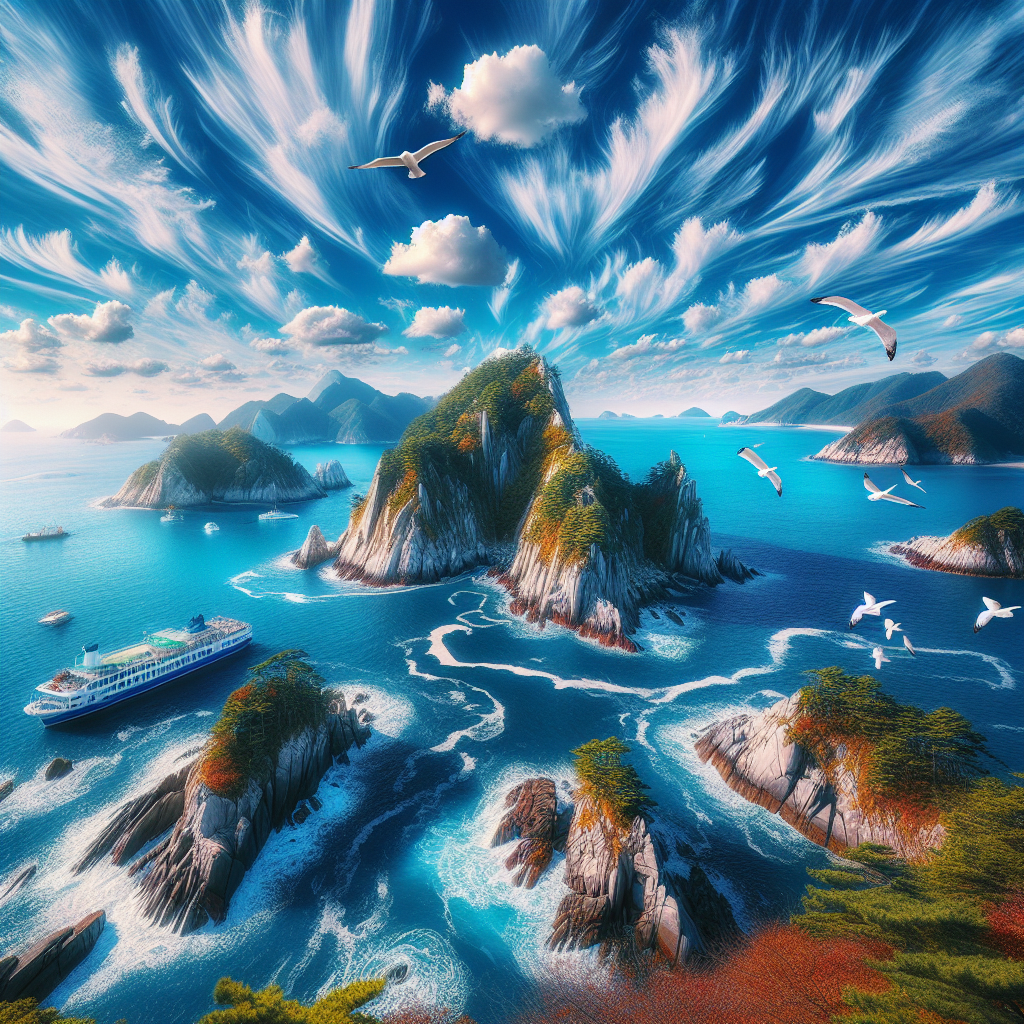 맑은 가을 하늘 아래 동해의 푸른 바다 위에 선 독도 전경(동도 중심), 파도가 잔잔히 부딪히는 암반, 멀리서 접근하는 관광 유람선, 갈매기가 하늘을 선회, 색감은 청명한 블루와 화이트 톤, 다이내믹한 구름층, 자연의 장엄함과 평화로움을 함께 담은 고해상도 여행 사진 스타일