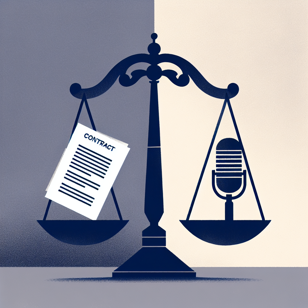 법정 저울과 계약 문서, 마이크와 공연 무대의 실루엣이 균형을 이루는 중립적 에디토리얼 일러스트. 차분한 네이비·그레이 톤, 과도한 로고나 실명 없음, K-팝 산업과 법·노동의 교차를 상징적으로 표현.