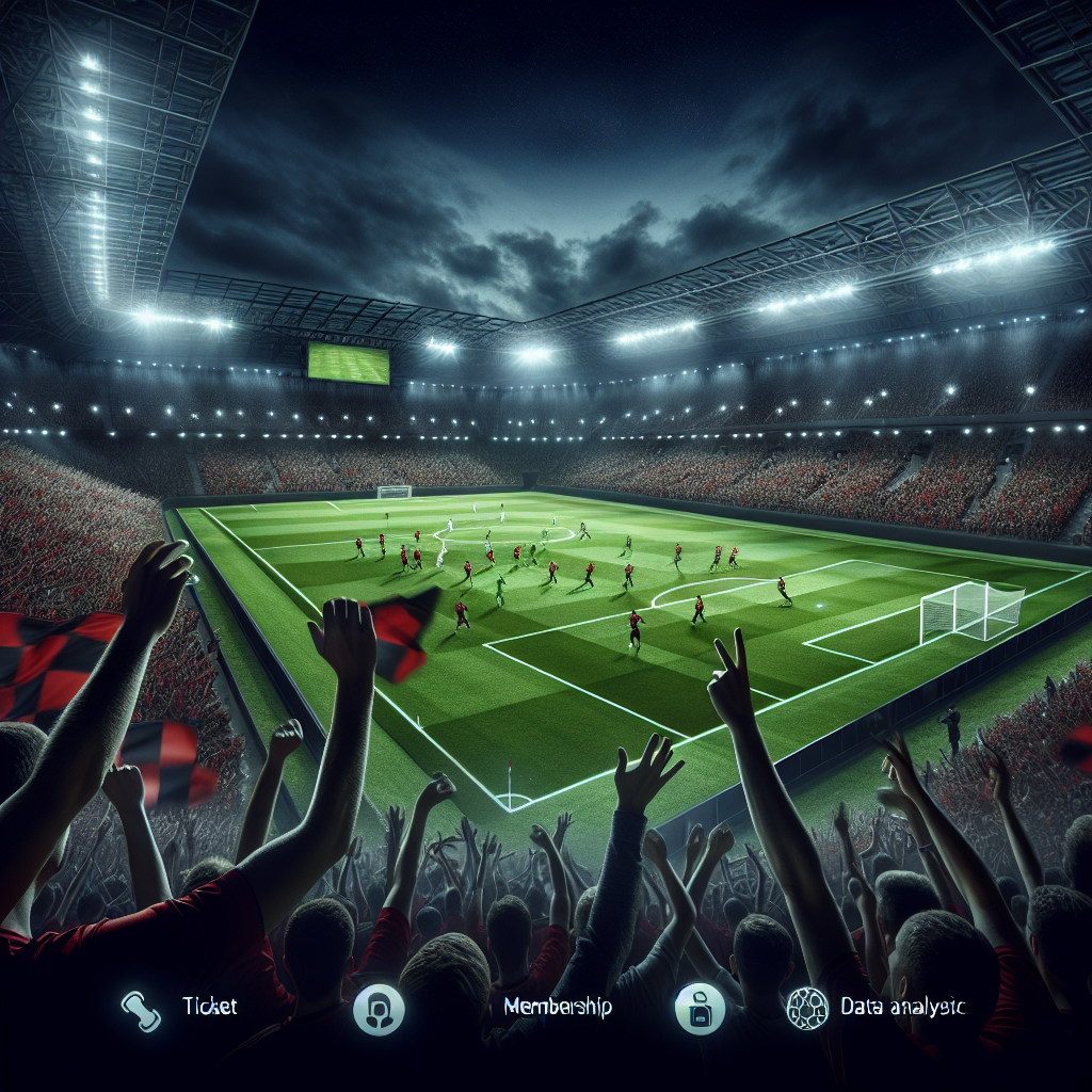 Night match at San Siro stadium packed with AC Milan supporters waving red-and-black flags; dramatic wide-angle view of the pitch, tifosi choreography in Curva Sud, subtle infographic overlays for ticket, membership, and data analysis icons; cinematic lighting, high detail, 4k, realistic, energetic atmosphere