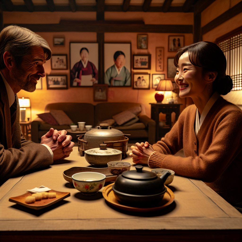 따뜻한 조명 아래 한국식 거실에서 상견례 분위기의 테이블을 사이에 둔 중년 남성과 밝은 미소의 여성이 예의 바르게 대화하는 장면. 차와 다과, 간단한 한식 안주가 놓여 있고, 벽에는 가족 사진과 아늑한 인테리어. 다큐 스타일, 자연스러운 표정, 소프트 포커스, 방송 스틸컷 느낌.