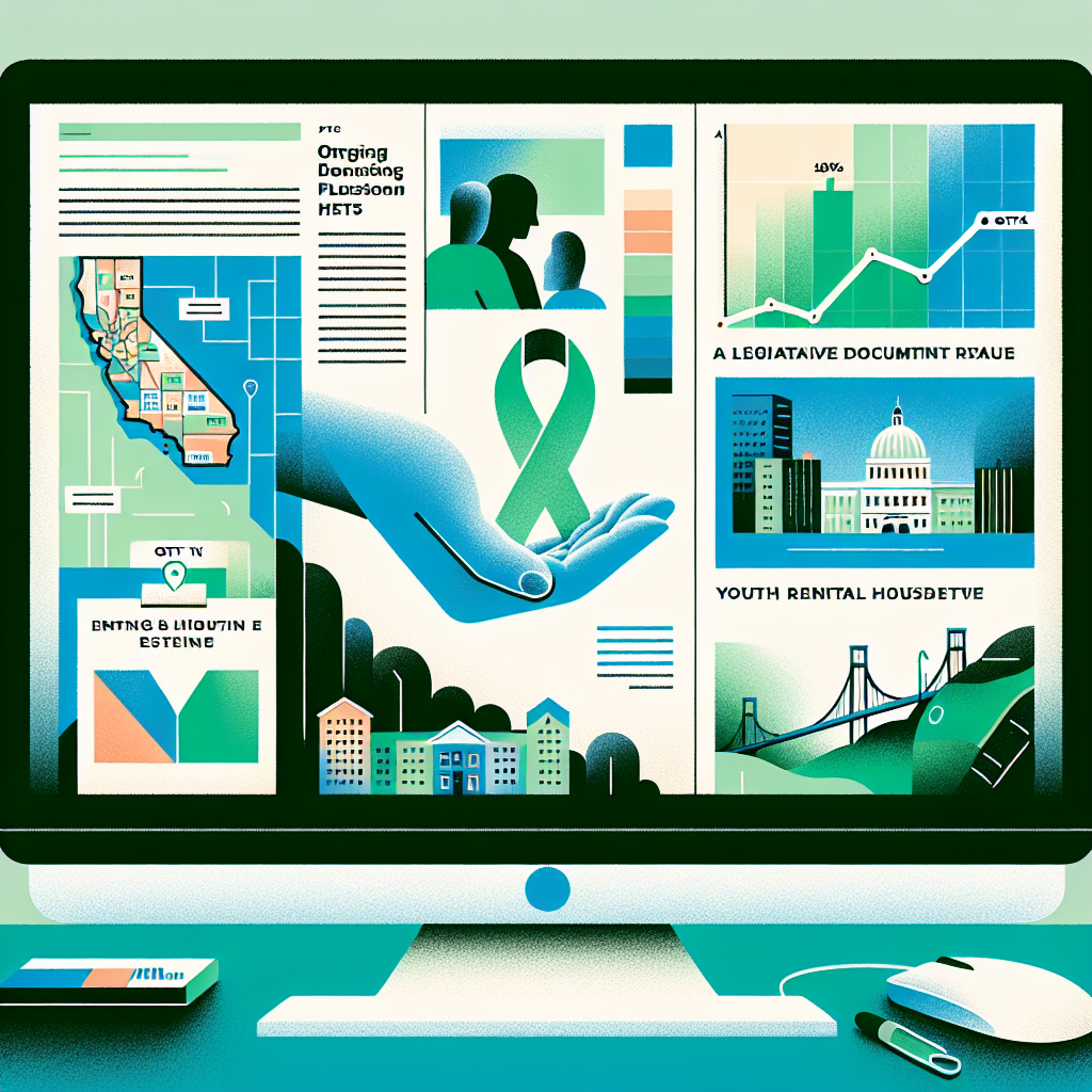 뉴스 클리핑과 법안 문서, GTX 노선이 표시된 도시 지도, 청년 임대주택 단지, 주가 차트가 겹쳐진 모니터, 장기기증을 상징하는 초록 리본과 따뜻한 가족의 손을 한 프레임에 담은 차분한 에디토리얼 일러스트. 색감은 신뢰감을 주는 블루와 그린 톤, 깔끔한 인포그래픽 스타일.