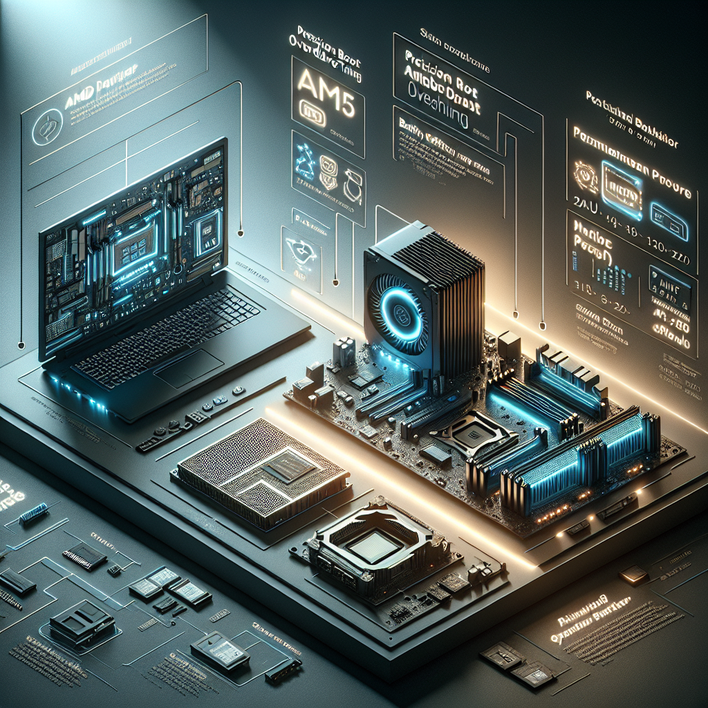 A clean, modern infographic showing an AMD-powered ultralight laptop, an AM5 micro-ATX motherboard with highlighted VRMs and M.2 slots, and a 2U EPYC server chassis; side panels with subtle icons for PBO tuning, battery efficiency, and AI workloads; soft studio lighting, high detail, realistic style.