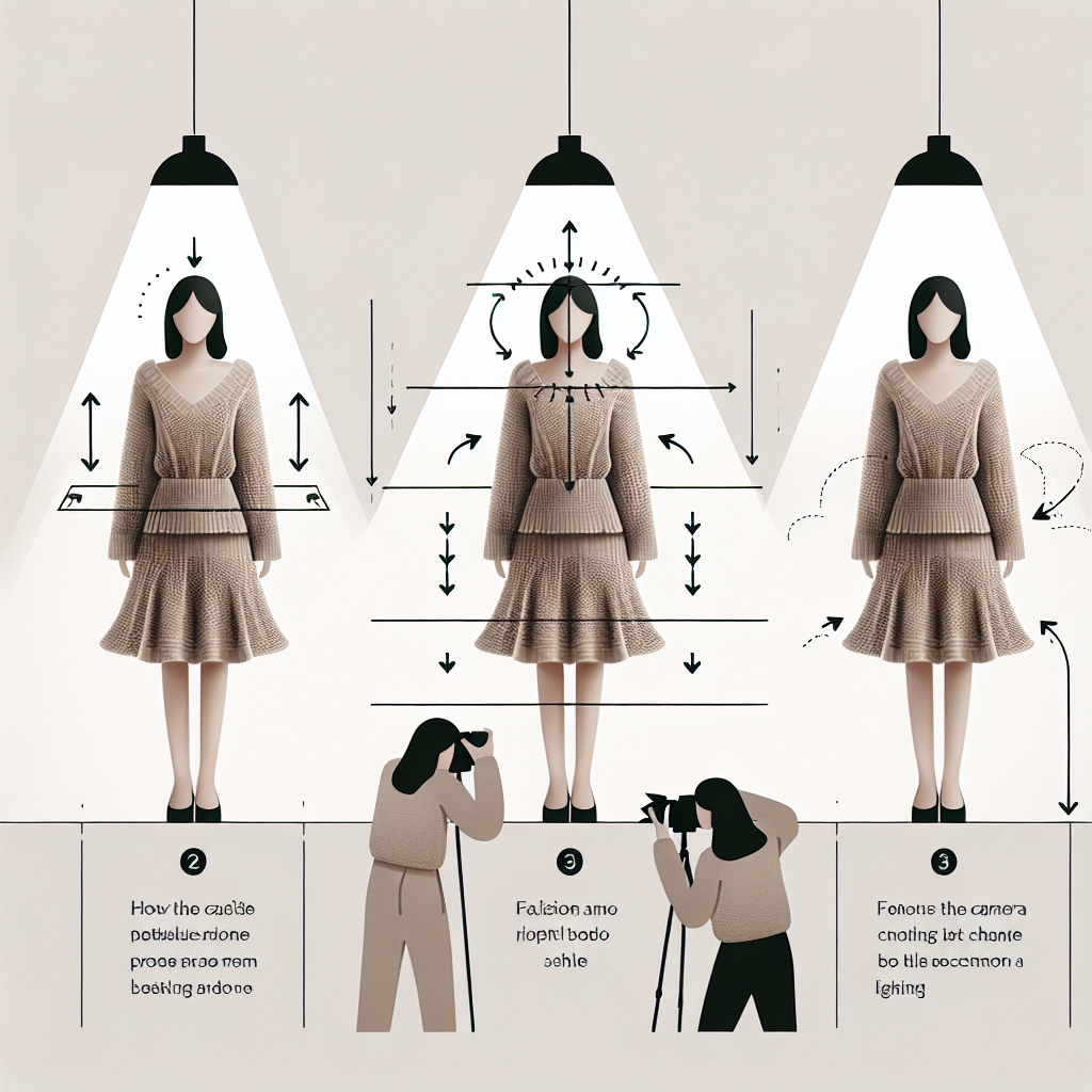 라이프스타일 인포그래픽: 니트 원피스와 플레어 실루엣이 사진 각도와 조명에 따라 복부 윤곽이 달라 보이는 착시를 설명. 인물은 얼굴이 보이지 않도록 프레이밍(상반신 실루엣 중심), 자연광 스튜디오, 뉴트럴 톤, 미니멀 디자인, 텍스트 없는 그래픽 아이콘과 화살표로 각도·광원 표시.