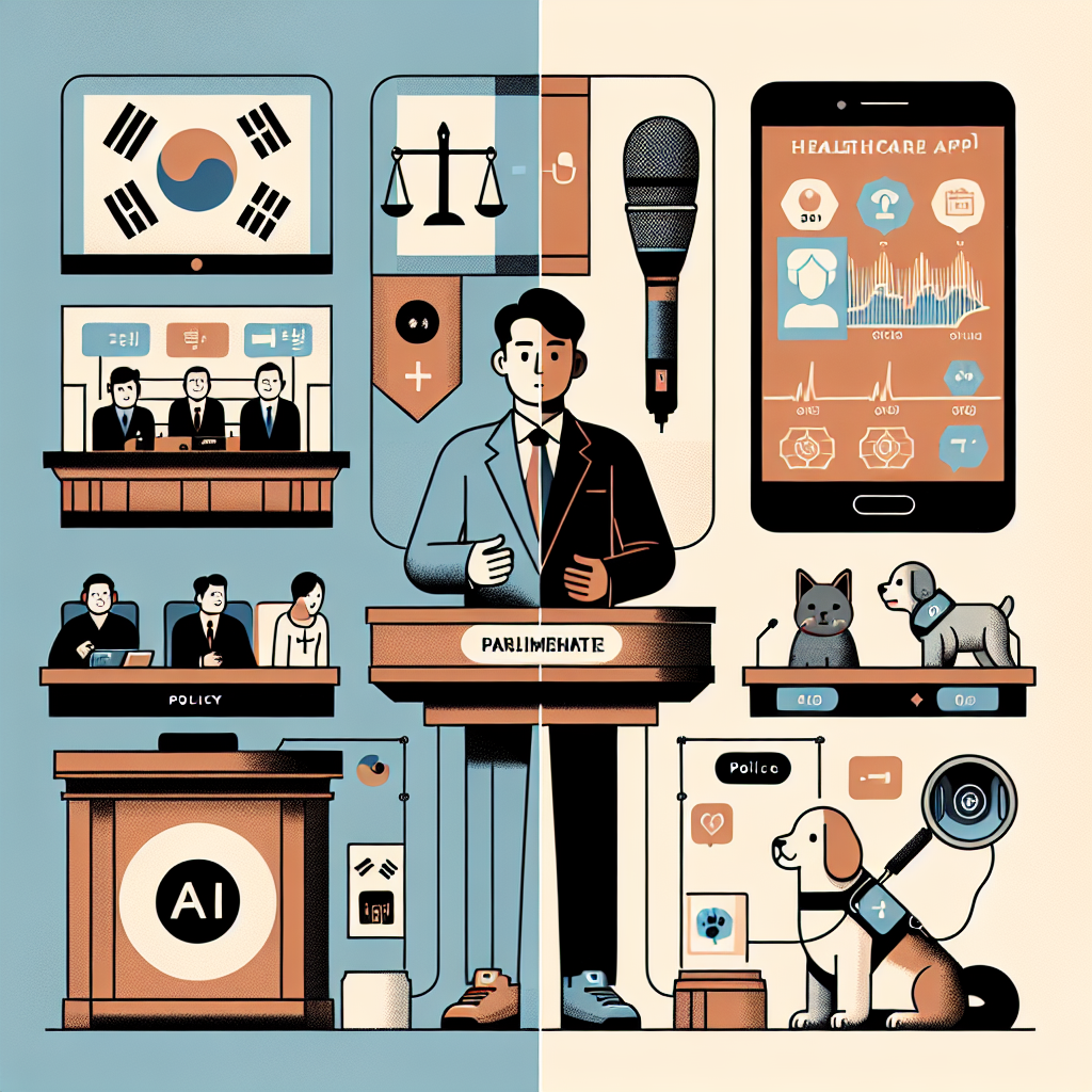 동명이인 ‘허은아’를 주제로 한 스플릿 씬 일러스트: 왼쪽에는 한국 국회 분위기의 토론 장면(정책 아이콘, 균형 저울, 마이크), 오른쪽에는 반려동물 AI 헬스케어 앱 UI와 웨어러블을 착용한 반려견/반려묘. 중립적 색감, 정보 그래픽 스타일, 고해상도, 과도한 사실 인물 묘사는 피함.