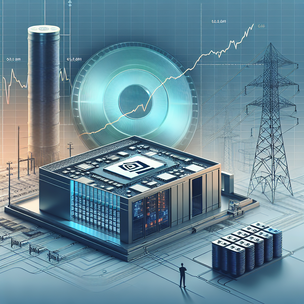 데이터센터와 반도체 웨이퍼, 주가 차트가 겹쳐진 인포그래픽. 엔비디아 주가 분석, HBM 메모리, ESS(배터리 컨테이너)와 고압 송전 타워를 배경으로 한 현대적 일러스트. 신뢰감 있는 파란·그린 톤, 미니멀 스타일, 16:9, 고해상도.