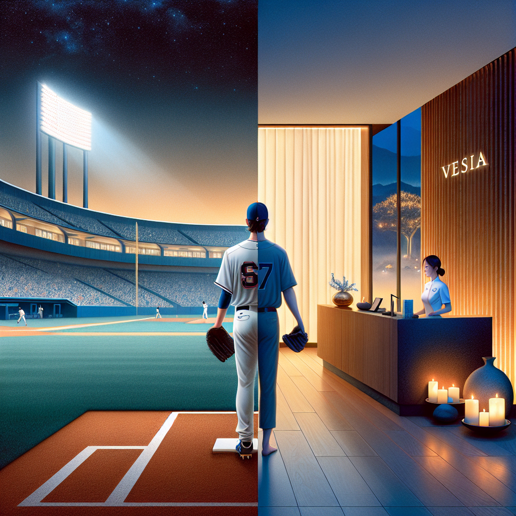 양분된 장면의 에디토리얼 일러스트: 왼쪽에는 LA 다저스 홈 구장 조명 아래 마운드에 서 있는 좌완 불펜 투수(알렉스 베시아를 연상시키는 실루엣), 역동적인 투구 준비 자세, 밤하늘과 푸른 잔디, 차가운 톤. 오른쪽에는 하노이의 모던하고 따뜻한 조명의 베시아 호텔 로비와 스파 공간, 따뜻한 우드 톤, 캔들, 아로마 스톤, 체크인 카운터의 친절한 직원. 두 세계를 부드러운 대각선으로 나누고 중앙에는 ‘VESIA’ 타이포그래피를 세련되게 배치. 현실감 있고 고급스러운 매거진 표지 스타일.