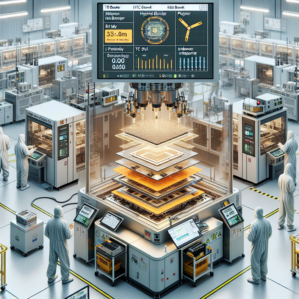클린룸 내 반도체 후공정 패키징 라인. 왼쪽에는 TC Bonder가 HBM 적층을 수행하고, 오른쪽에는 하이브리드 본더 프로토타입이 정밀 정렬을 시연. 중앙에는 HBM4 스택 단면도(마이크로 범프, TSV, 인터포저)가 투명 오버레이로 표시. 작업자는 방진복을 착용하고 모니터에서 수율과 납기 지표를 확인. 기술 일러스트와 사실적인 조명, 청결한 산업 디자인, 정보 패널에 ‘TC Bonder’, ‘Hybrid Bonder’, ‘HBM4’ 라벨.