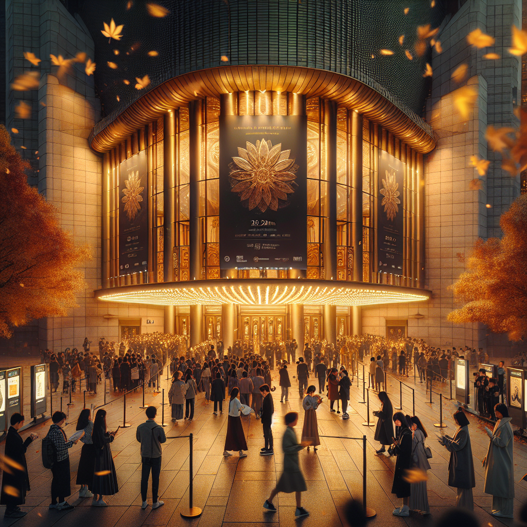 가을 저녁, 서울 예술의전당 오페라극장 전경. 황금빛 조명이 켜진 외관, 대형 공연 포스터, 티켓을 손에 든 관객들(커플, 가족, 친구들)이 입장 줄을 서 있는 장면. 주변에는 낙엽이 흩날리고, 따뜻한 분위기. 고급스러운 건축 디테일과 활기찬 현장 감성. 50mm, 하이레졸루션, 자연스러운 색감.