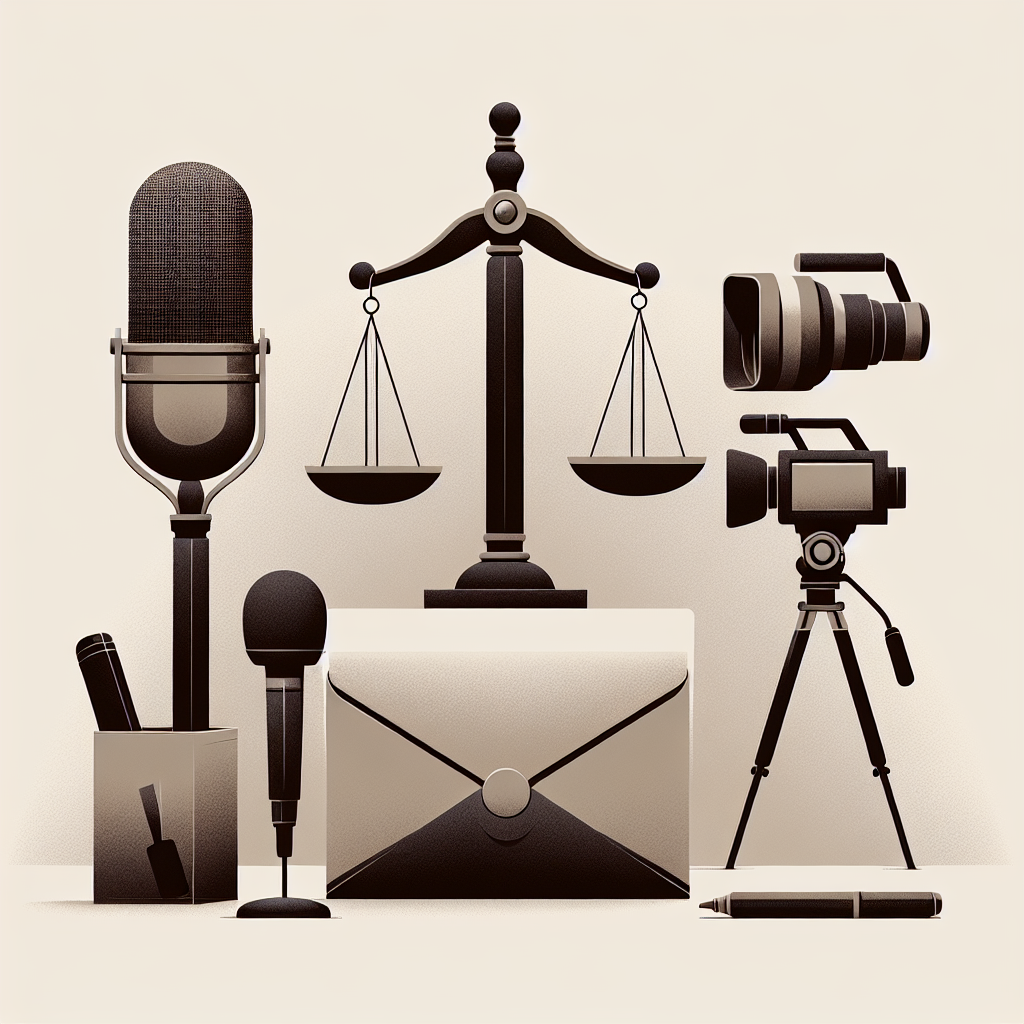법의 저울과 마이크, 방송 카메라, 문서철이 함께 놓인 회색 톤의 중립적 에디토리얼 일러스트. 인물 특정이나 로고 없이, 언론·정치·법의 긴장감을 상징적으로 표현. 차분한 조명, 간결한 벡터 스타일, 고해상도.