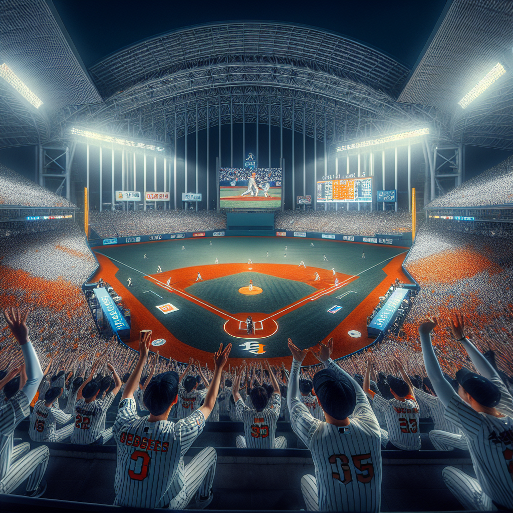Postseason baseball in Korea, night game atmosphere, packed stadium resembling Jamsil and Daejeon Eagles Park, two teams facing off (one in white pinstripes, one in orange), dramatic scoreboard showing 13-5, energetic crowd with cheering sticks, wide-angle shot, crisp lighting, shallow depth of field, editorial sports photography style.